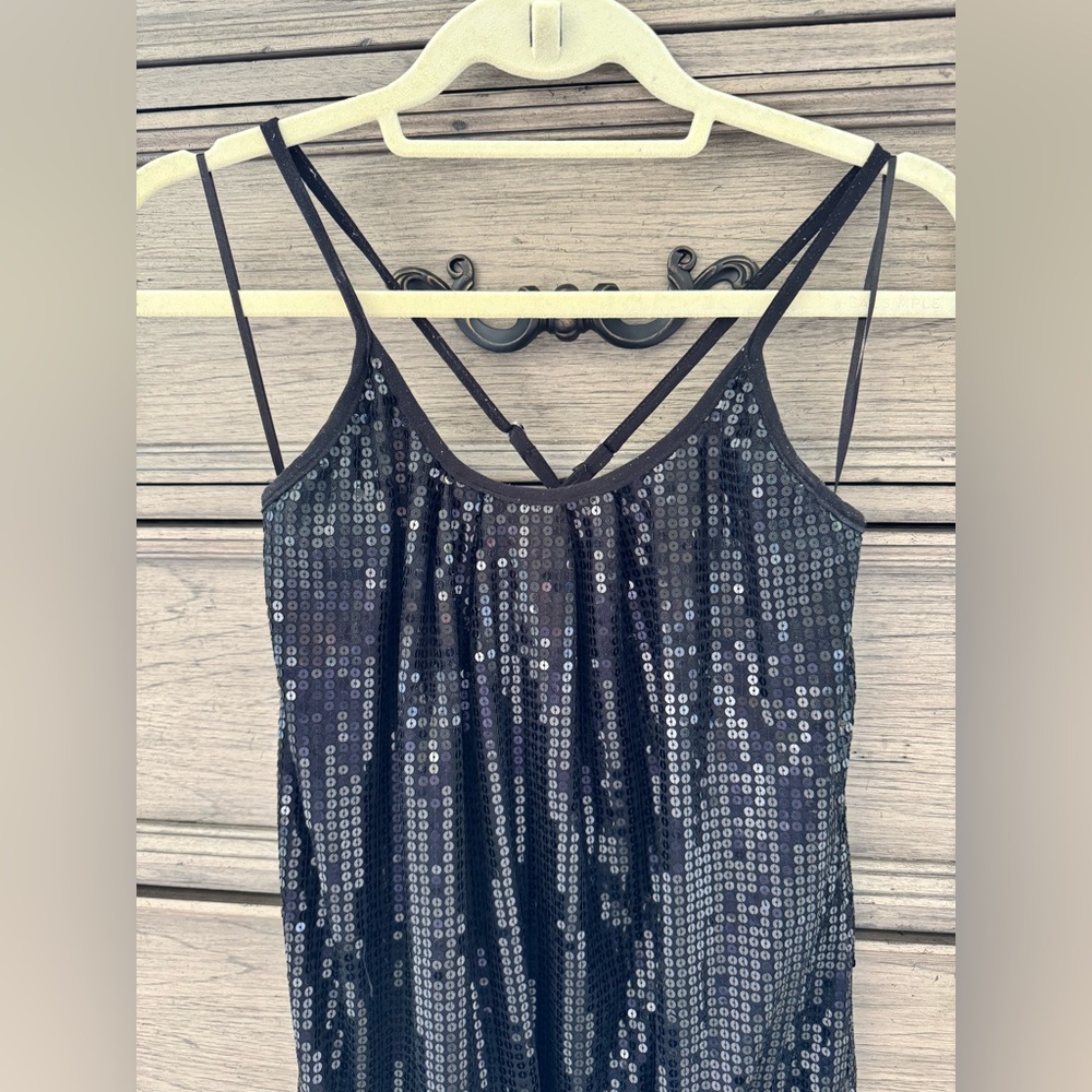 Black Sequin Dress Sleeveless Drop Waist Y2k Spaghetti Straps Criss Cross Beaded - Picture 3 of 9